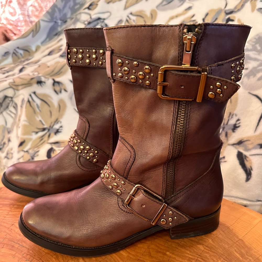 Arturo Chiang Moto-Style Riveted Strappy Brown Leather Booties